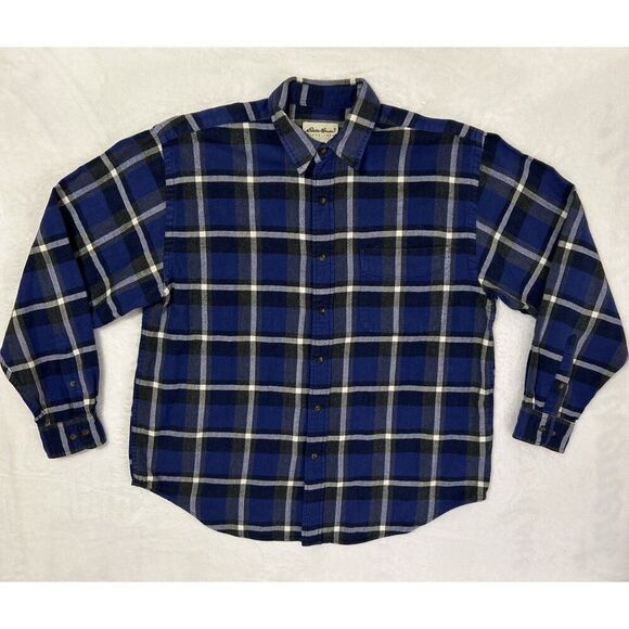 Eddie Bauer Flannel Button Up Shirt Men’s Large Blue Plaid Cotton - Picture 1 of 11